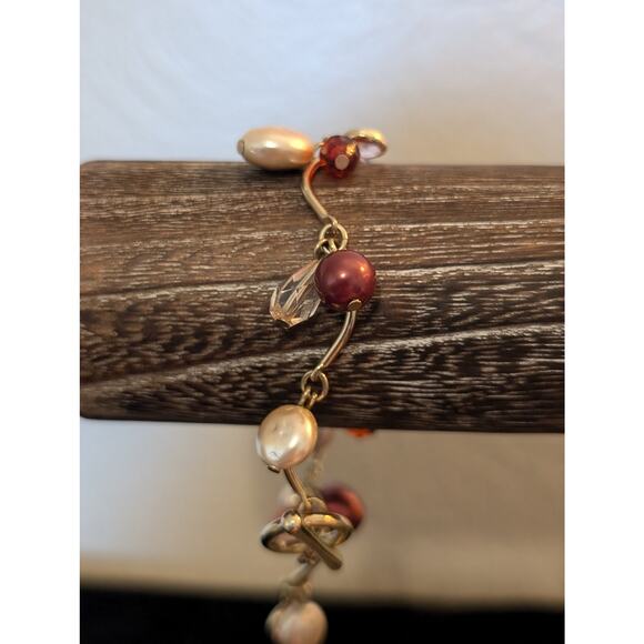 Gold Tone Colored Pearl Crystal Glass Amber Bead Scalloped Bar Toggle Bracelet - Picture 5 of 8